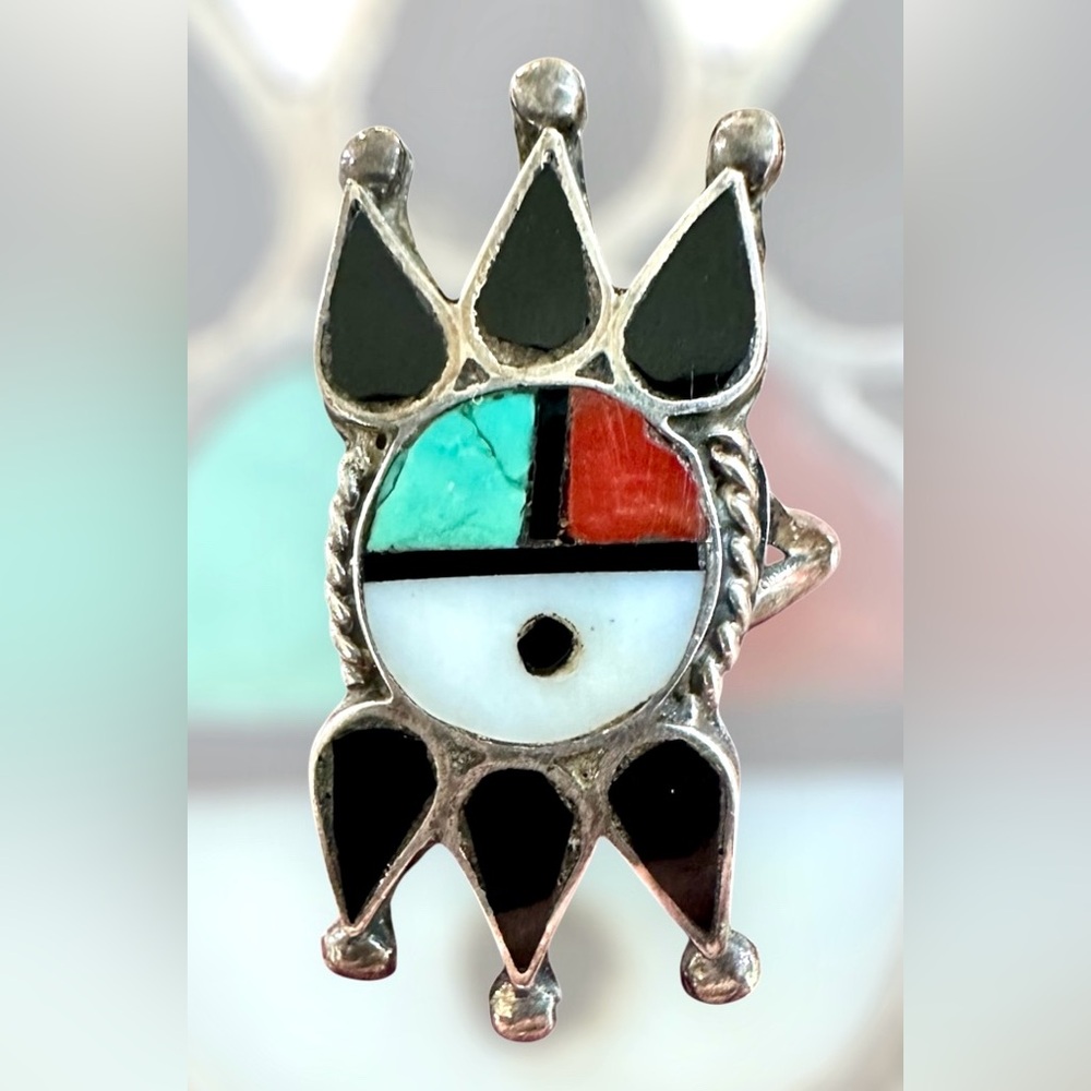 Vintage Native American Zuni Multi Stone Inlay Ring Size 7